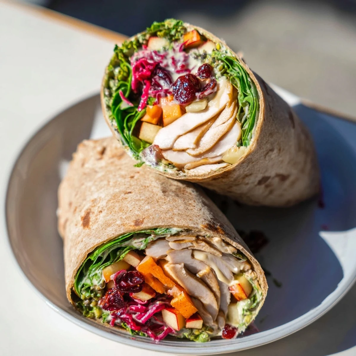 Vibrant cranberry apple slaw topping a turkey wrap with creamy Greek yogurt dressing.