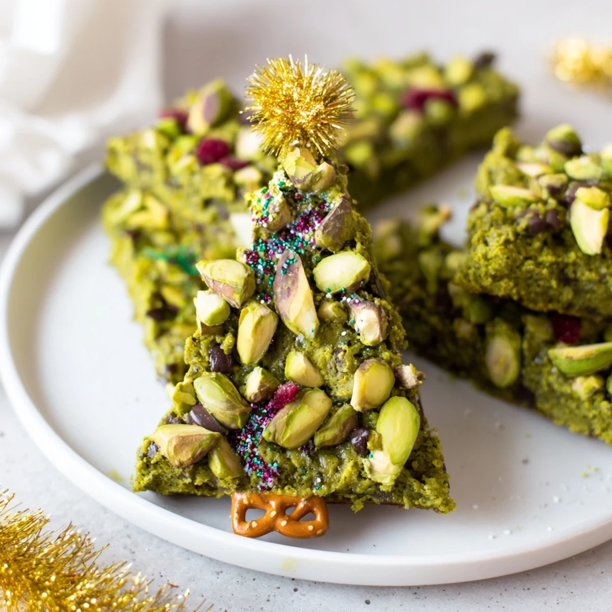 Chewy Matcha Pistachio Christmas Tree Blondie Bars, offering a delightful combination of earthy matcha and crunchy nuts on display.