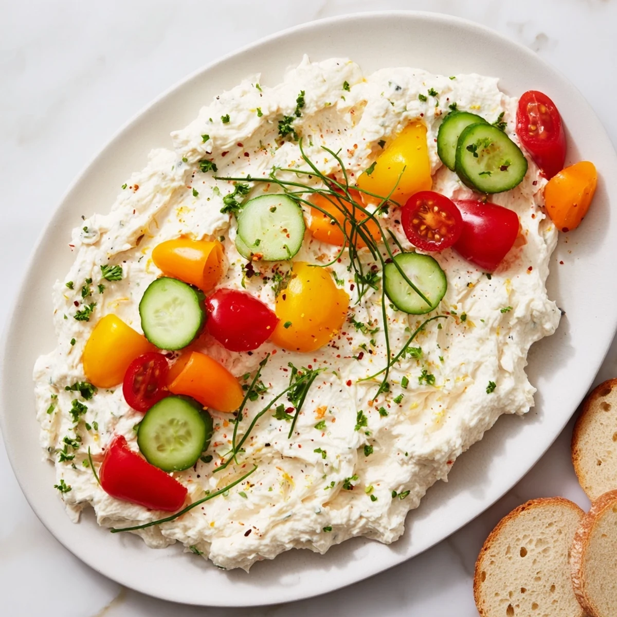 A festive Christmas Lights Appetizer Spread displays an array of fresh vegetables atop a smooth cheese base.