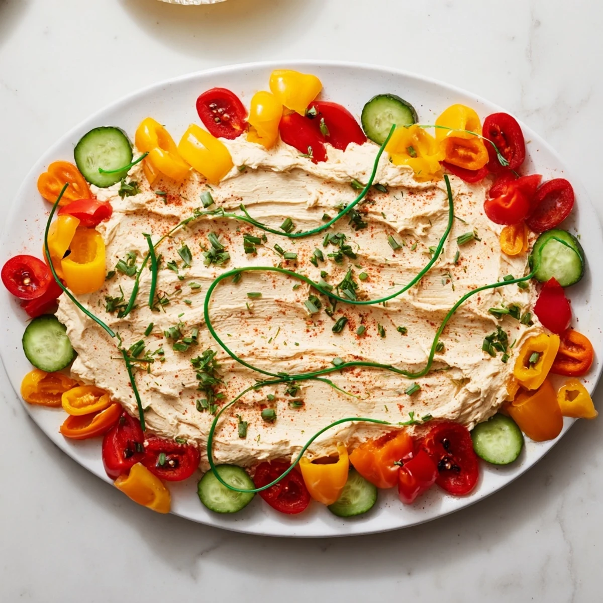 Vibrant Christmas Lights Appetizer Spread with colorful bell peppers and olives on creamy cheese.