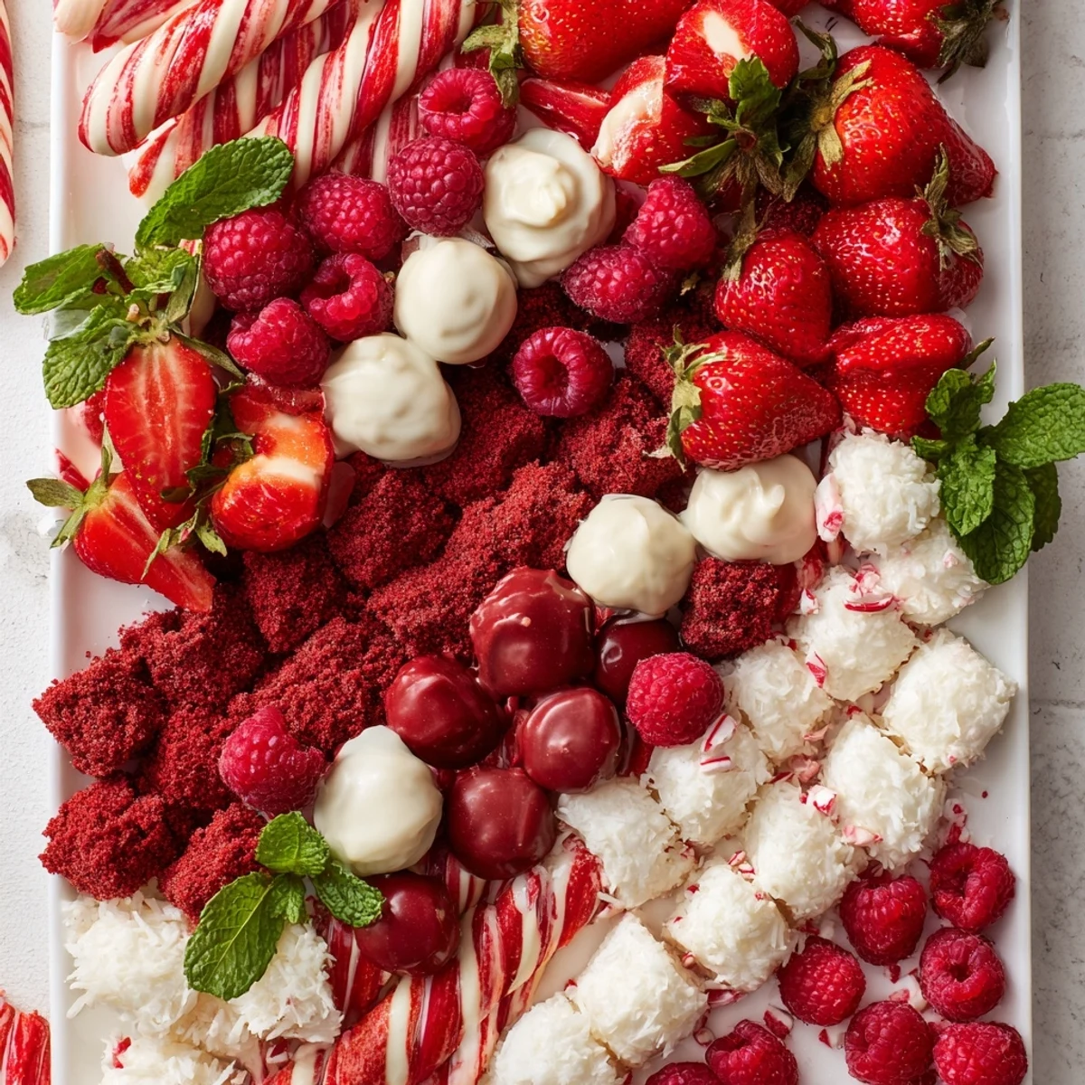 Festive Candy Cane Striped Platter showcases fresh strawberries, licorice, and vanilla treats for the holidays.
