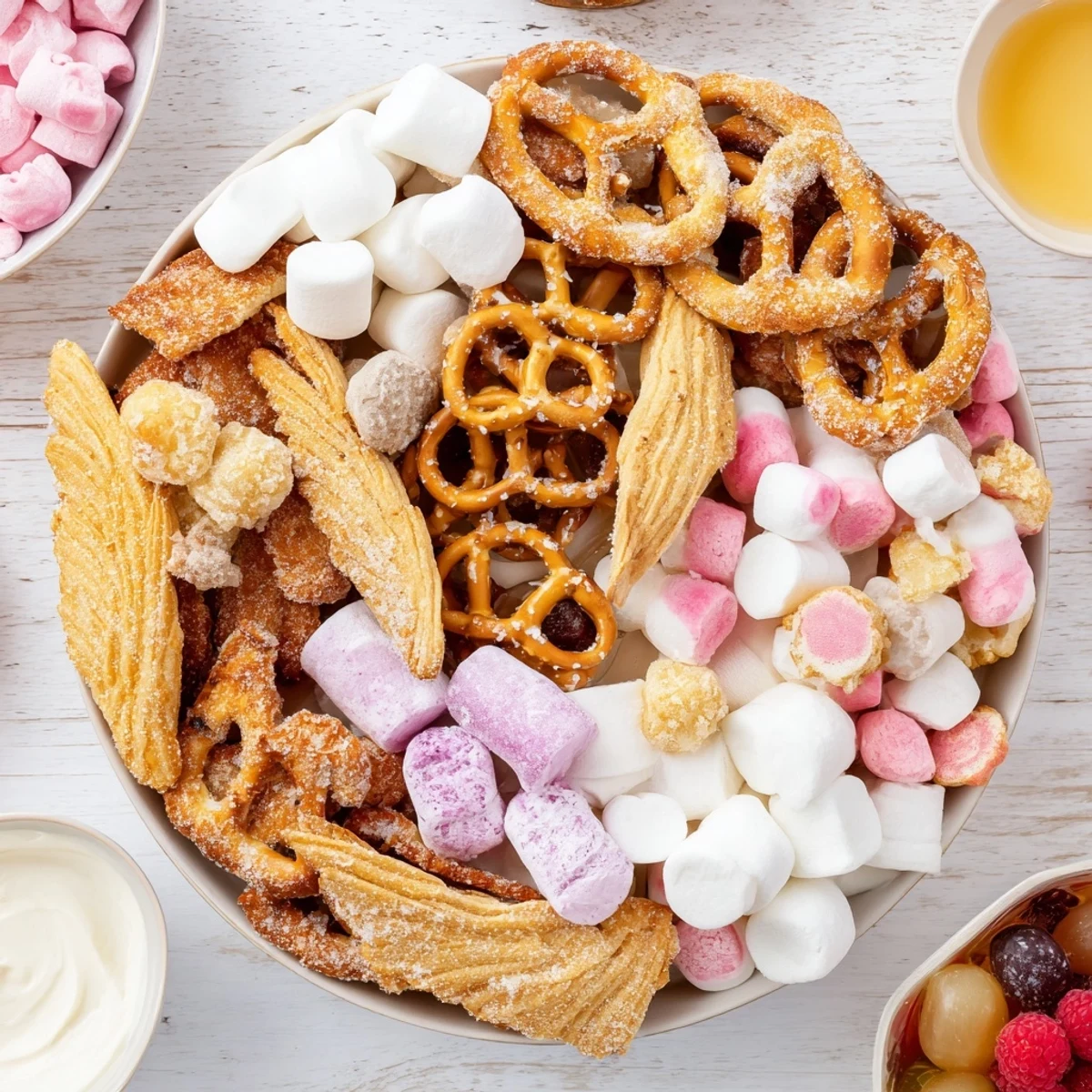 Crispy golden Angel Wings candy board surrounded by a delightful mix of fruit and sweets.