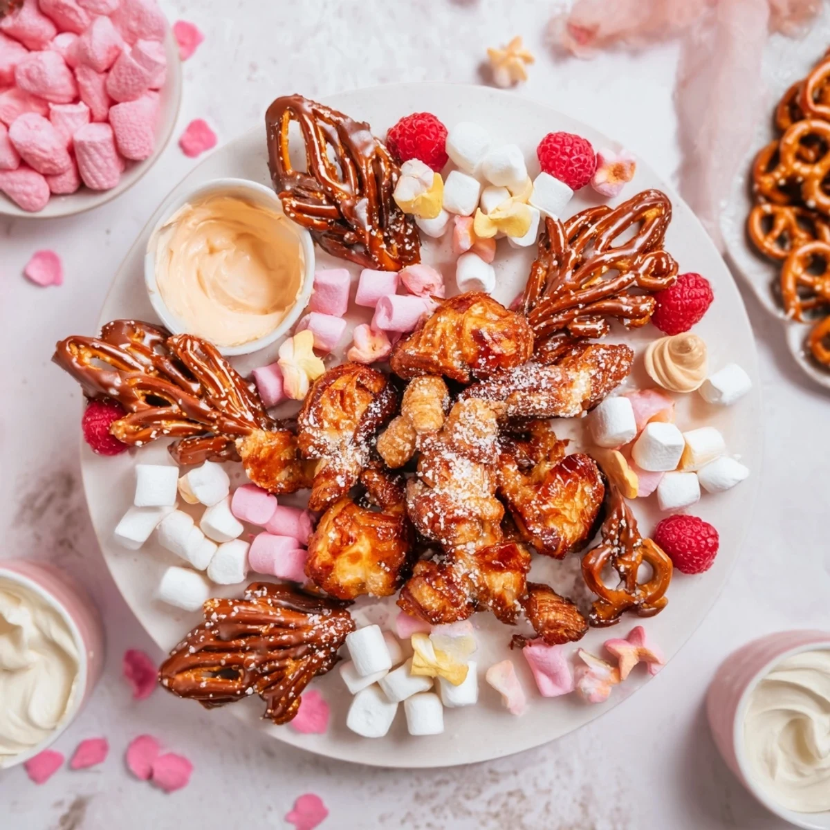 A festive, beautifully arranged Angel Wings dessert board with fluffy powdered sugar dusting each crisp fried pastry.