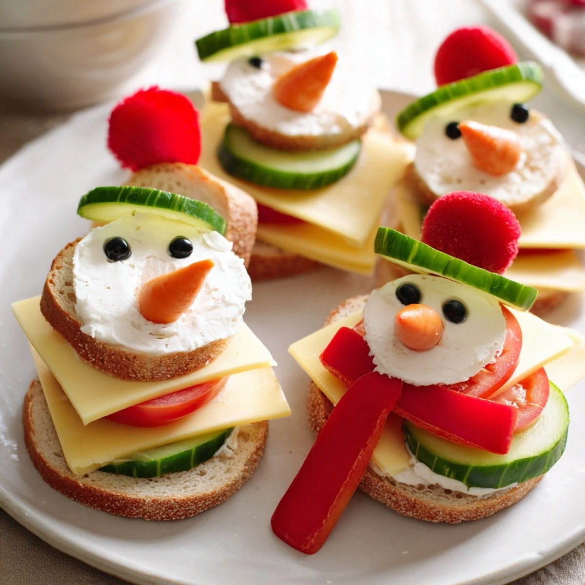 Kid-friendly Snowman Sandwich Stack, with olive eyes and carrot noses, ready for a winter picnic.