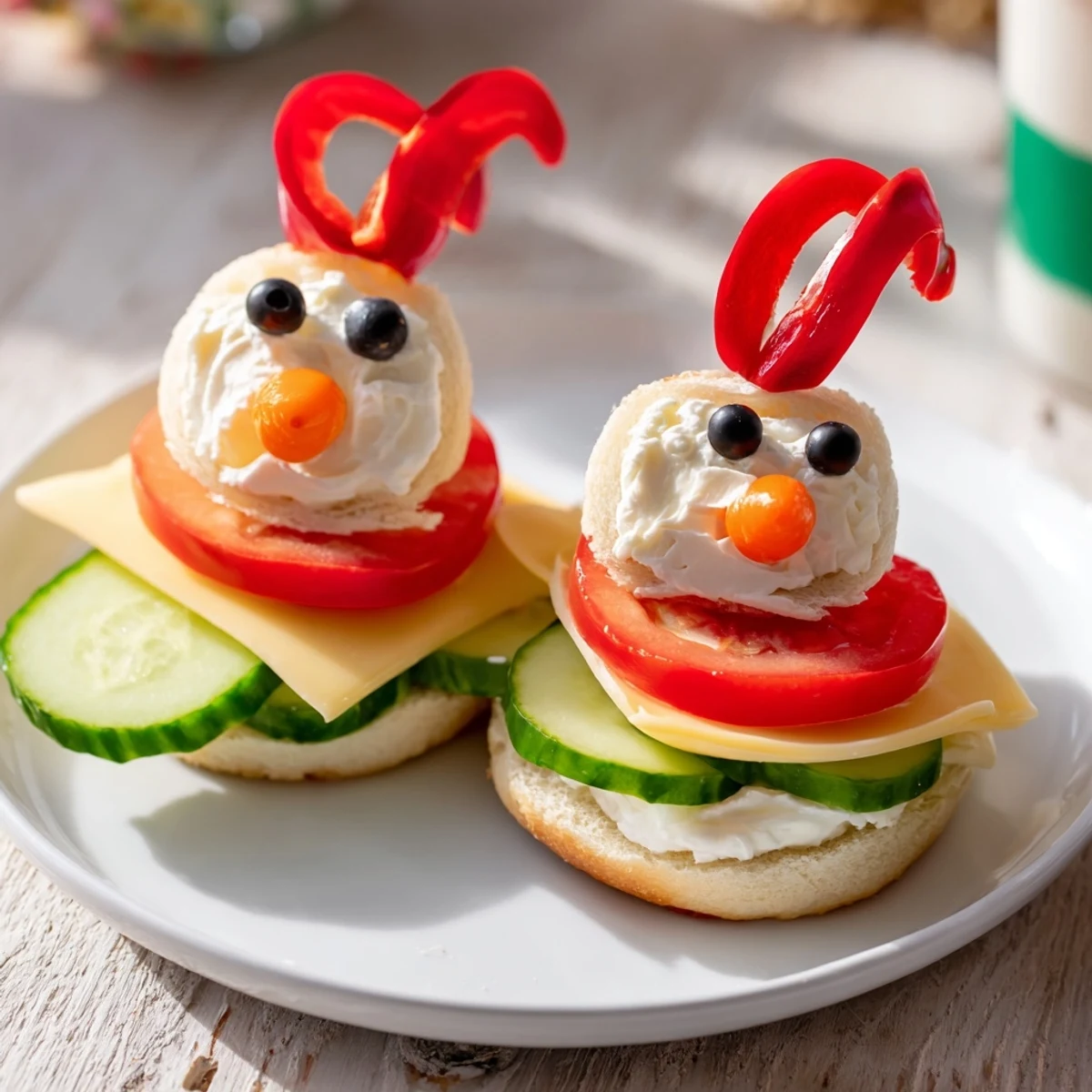 A close-up of a whimsical Snowman Sandwich Stack, crafted with creamy fillings and veggie decorations.