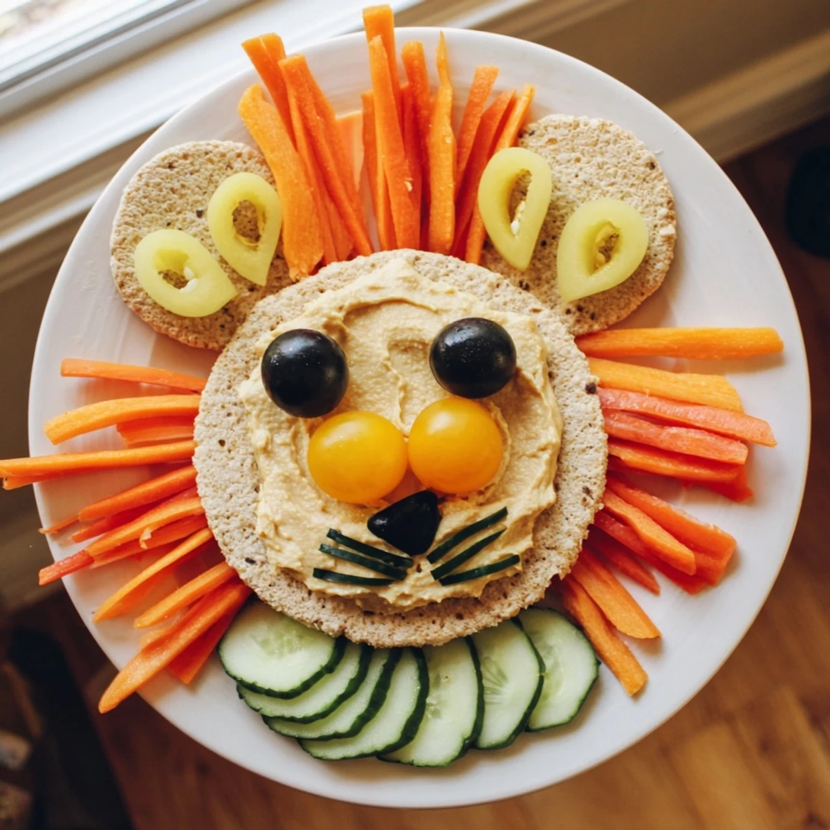 King of the Jungle Lion Lunch Board with a colorful arrangement of fresh fruits and veggies.