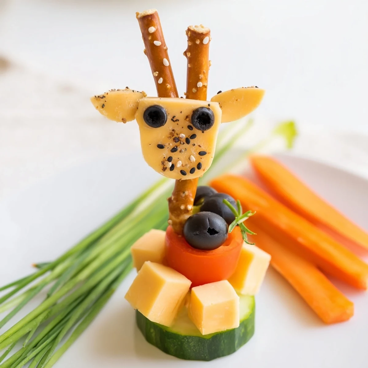 Stacking the Long-Necked Giraffe Snack Tower: A close-up of colorful, whimsical veggie and cheese snack creations.