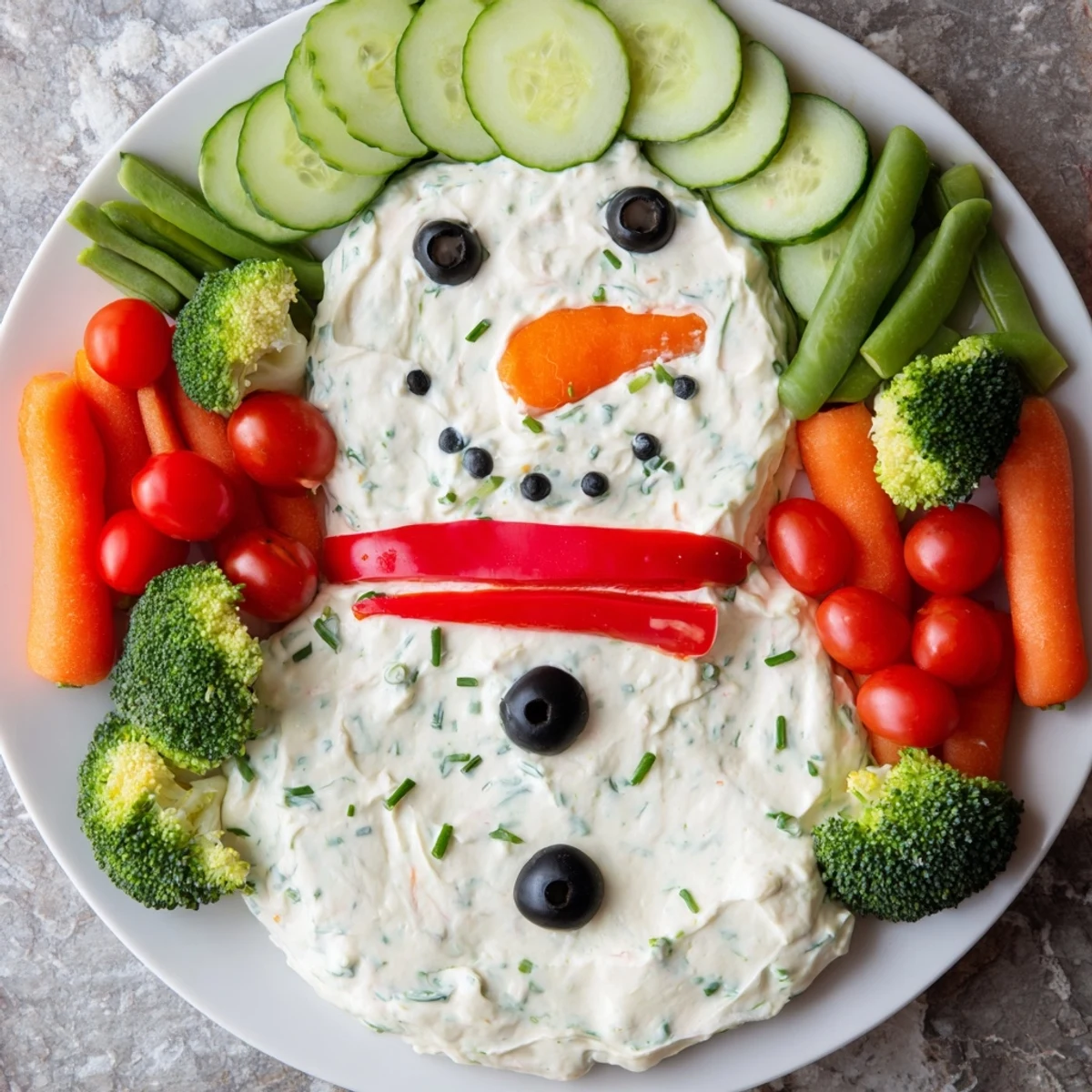 Holiday-ready Snowman Veggie Dip Platter: a platter featuring colorful veggies and a creamy snowman.