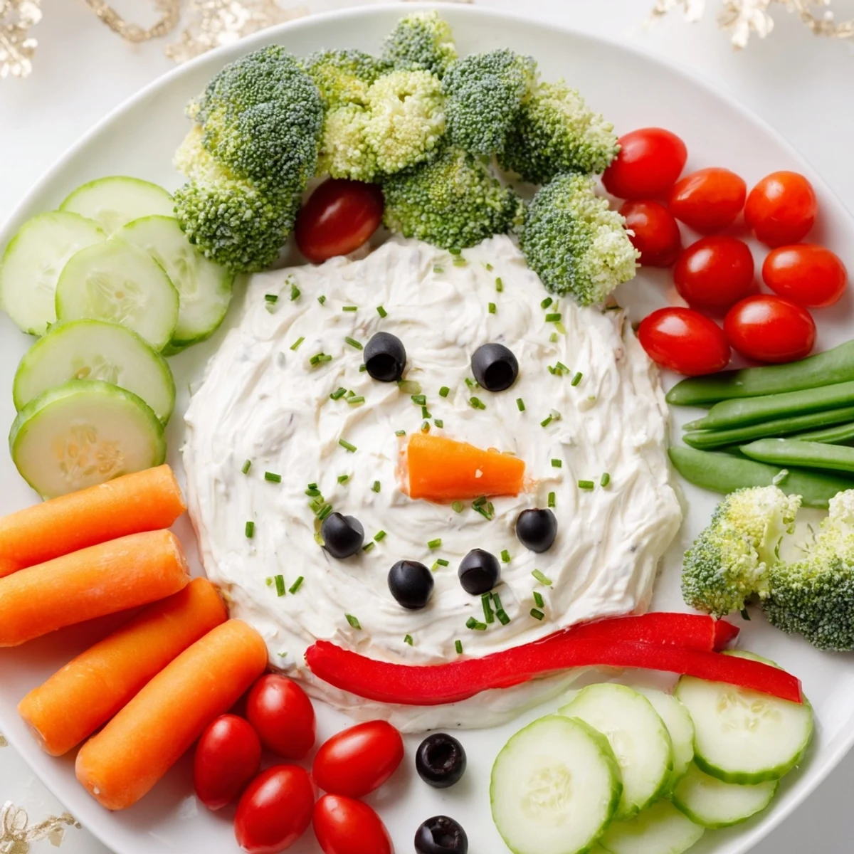 Festive Snowman Veggie Dip Platter with creamy dip snowman and colorful fresh vegetables.