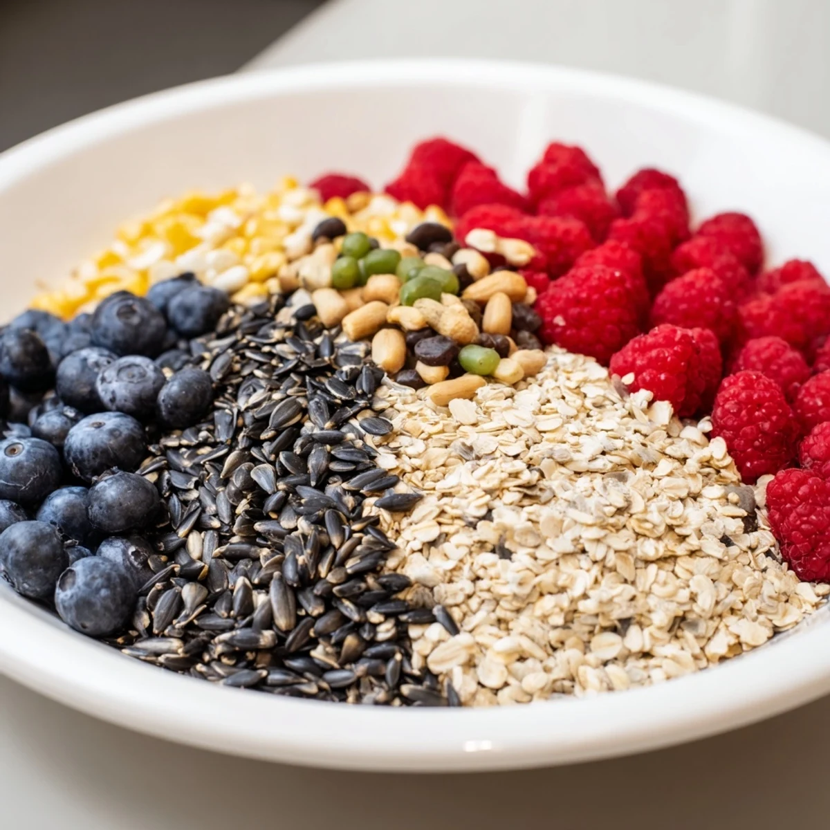 A colorful Singing Bird Seed & Berry Platter, overflowing with seeds, berries, and nuts for delightful bird watching.