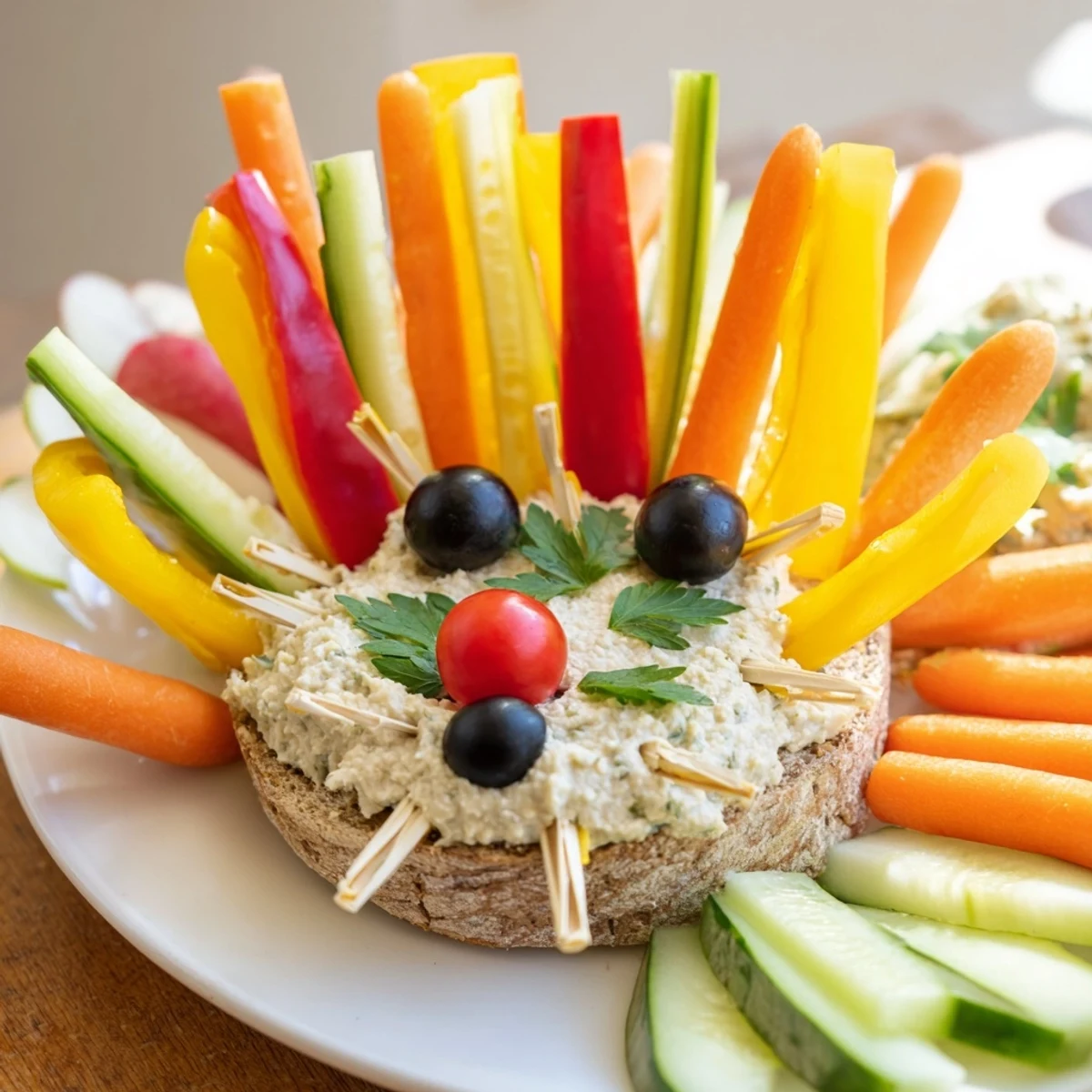 Vibrant Autumn Hedgehog Dip Platter featuring fresh veggie spines and savory dips, perfect for any gathering.