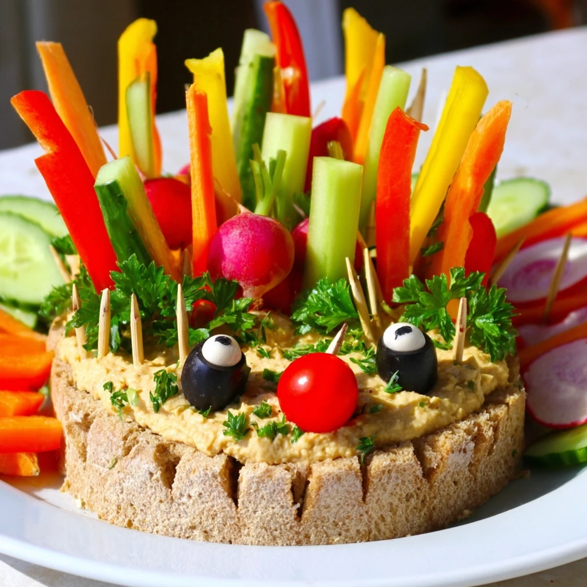 Appetizing Autumn Hedgehog Dip, a visually stunning appetizer with a bread base loaded with colorful vegetables.