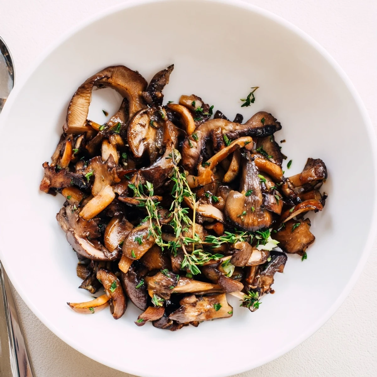 Warm, appetizing plate of Enchanted Forest Mushrooms; a delicious vegetarian dish, garnished with fresh chives.