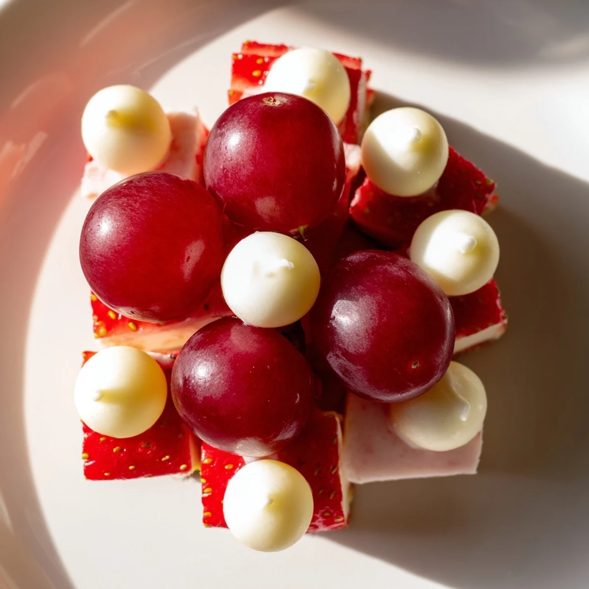 Bright red Santa Hat Fruit and Cheese Platter with strawberries, grapes, and creamy mozzarella for holiday snacks.
