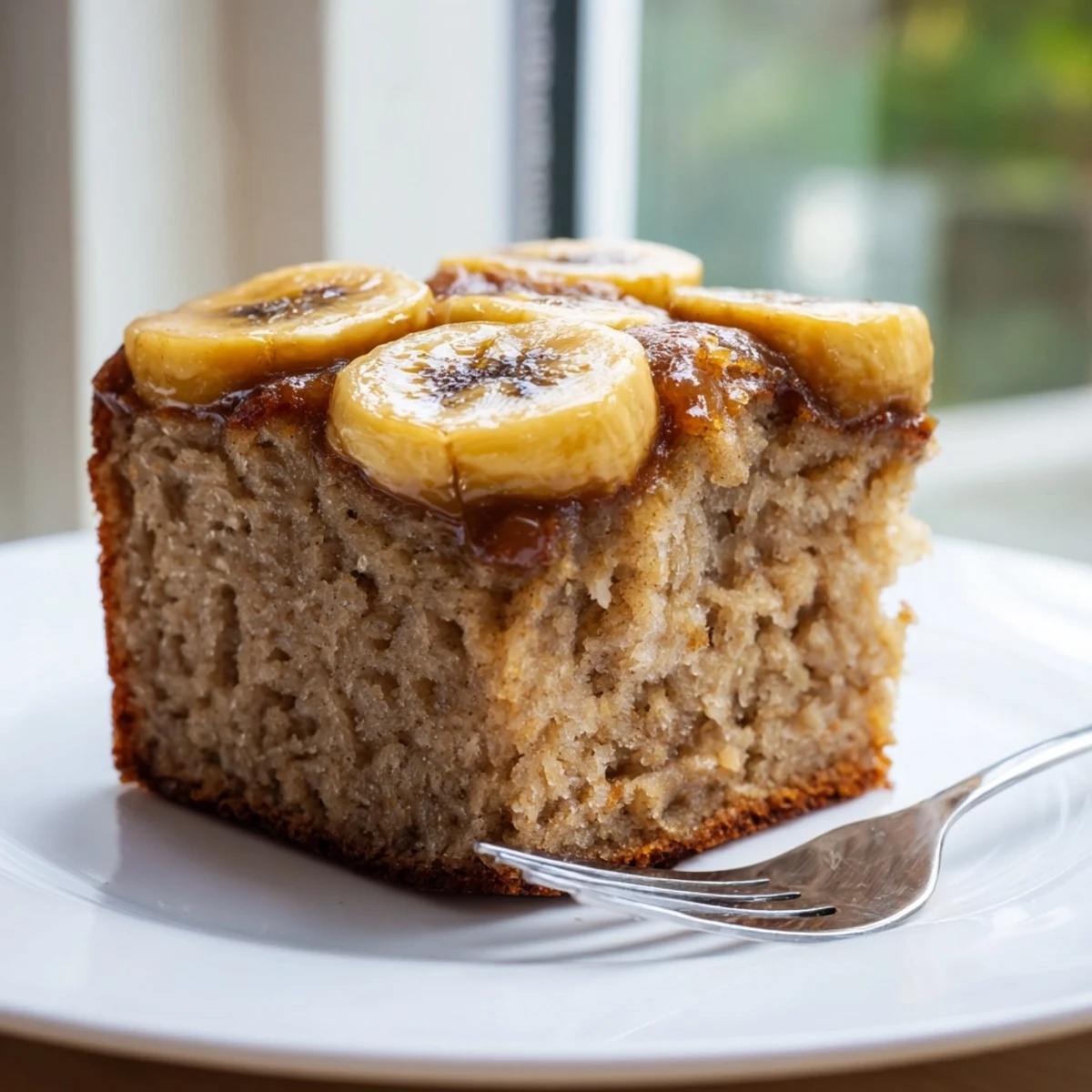Caramelized banana slices topping a moist and delicious Banana Bread Cake, ready to serve.