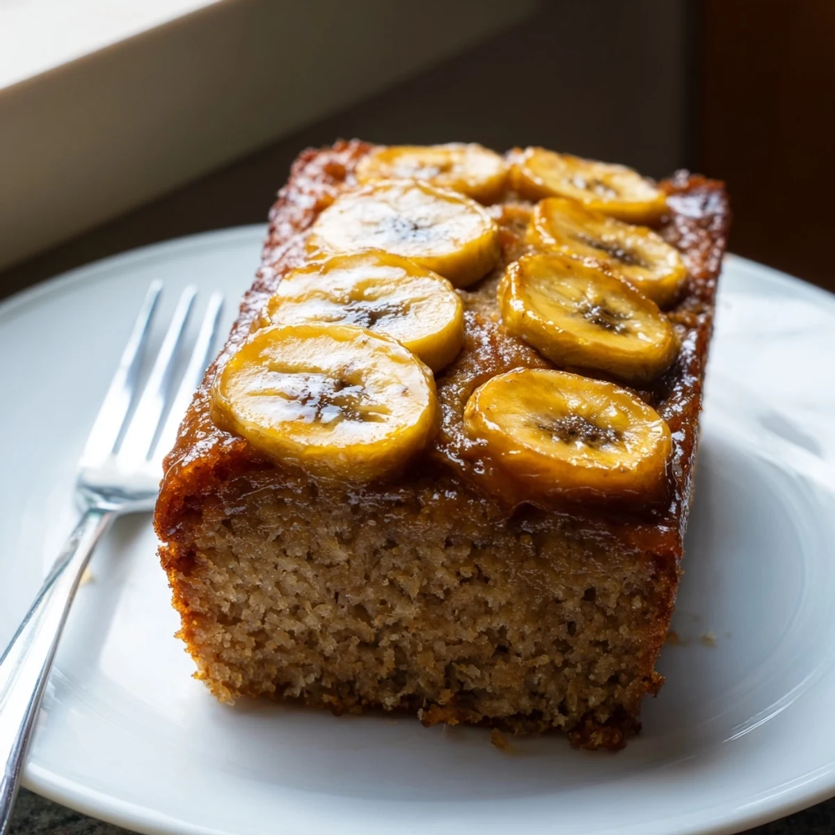 Imagine a warm, golden Banana Bread Cake, beautifully inverted showing sweet banana topping.