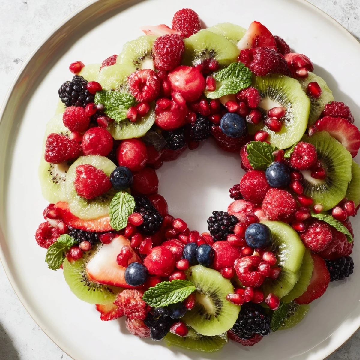 Fresh berries and kiwi create a stunning, healthy fruit plate holiday wreath—ideal for a party platter.