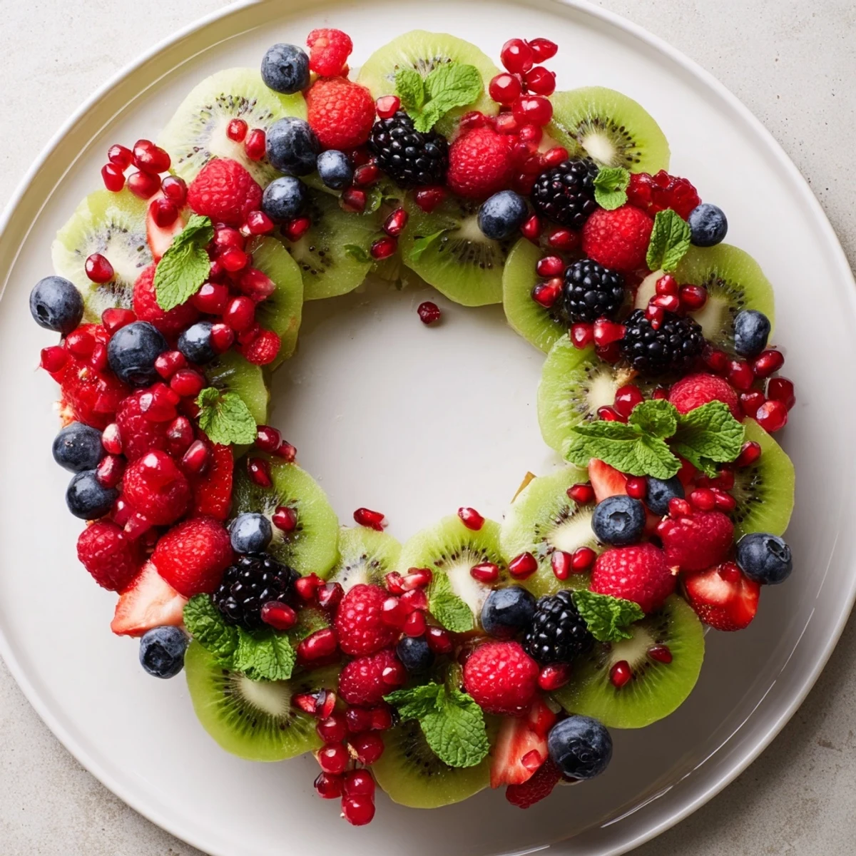 Vibrant fruit plate holiday wreath showcasing juicy kiwi slices nestled with fresh berries for serving.