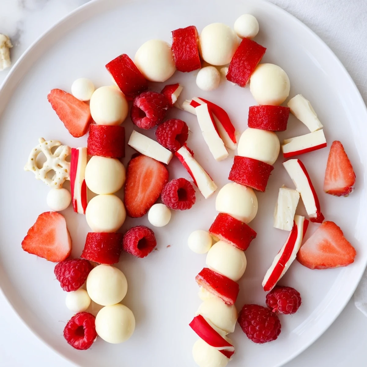 Festive Red and White Candy Cane Snack Board, a delightful mix of sweet and savory holiday treats.