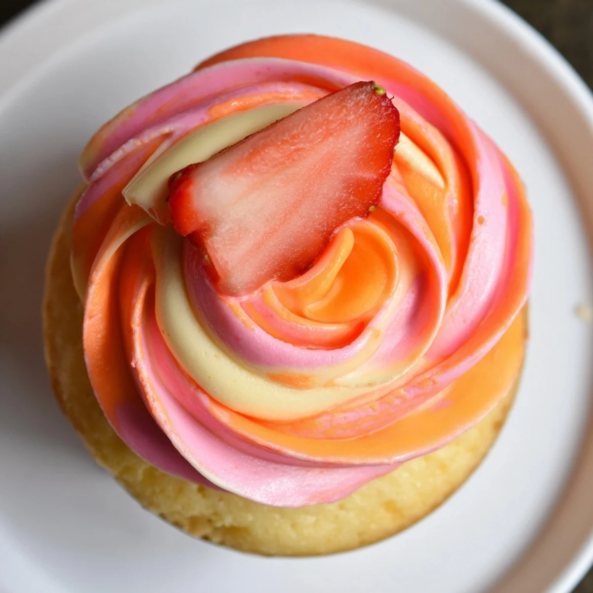 Golden-hued Mango Strawberry Sunset Cupcakes, frosted high with a delicious swirl of fruity buttercream.
