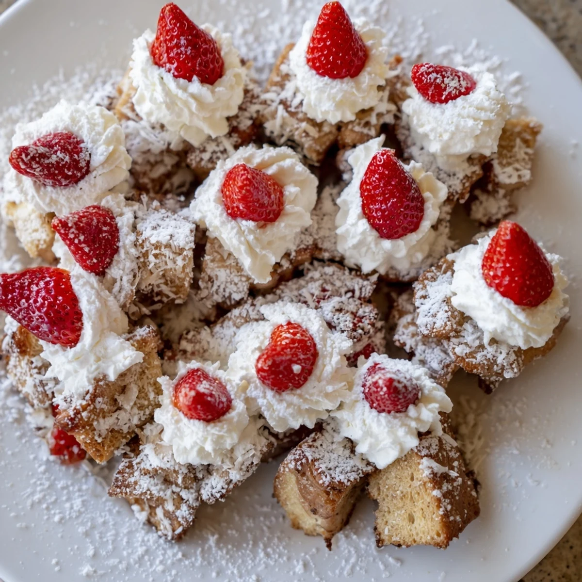 Santa Hat Bread Pudding Bites, golden baked and topped with whipped cream and a strawberry Santa hat.