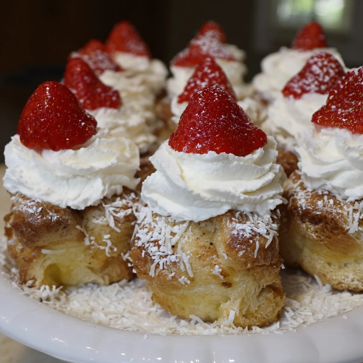 Warm Santa Hat Bread Pudding Bites look delicious, each with a creamy whipped topping and a berry.