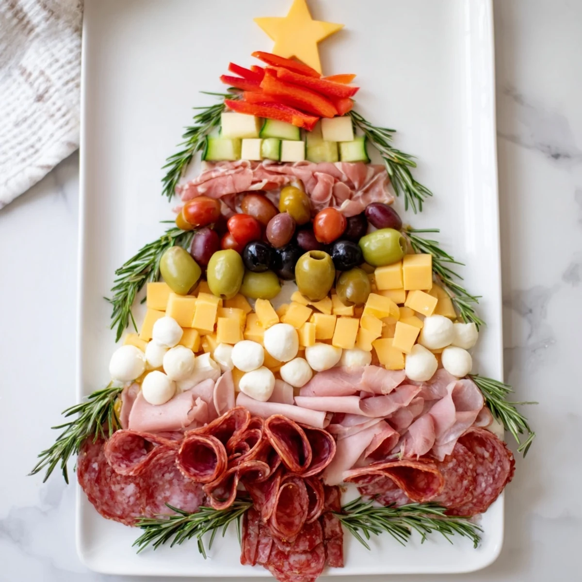 Arrangement of meats and cheeses forming a Christmas Tree Charcuterie Board, a delightful party-ready spread.