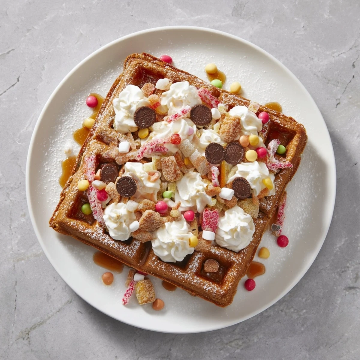 Golden gingerbread house waffles, ready for topping, make a fun breakfast bar experience.