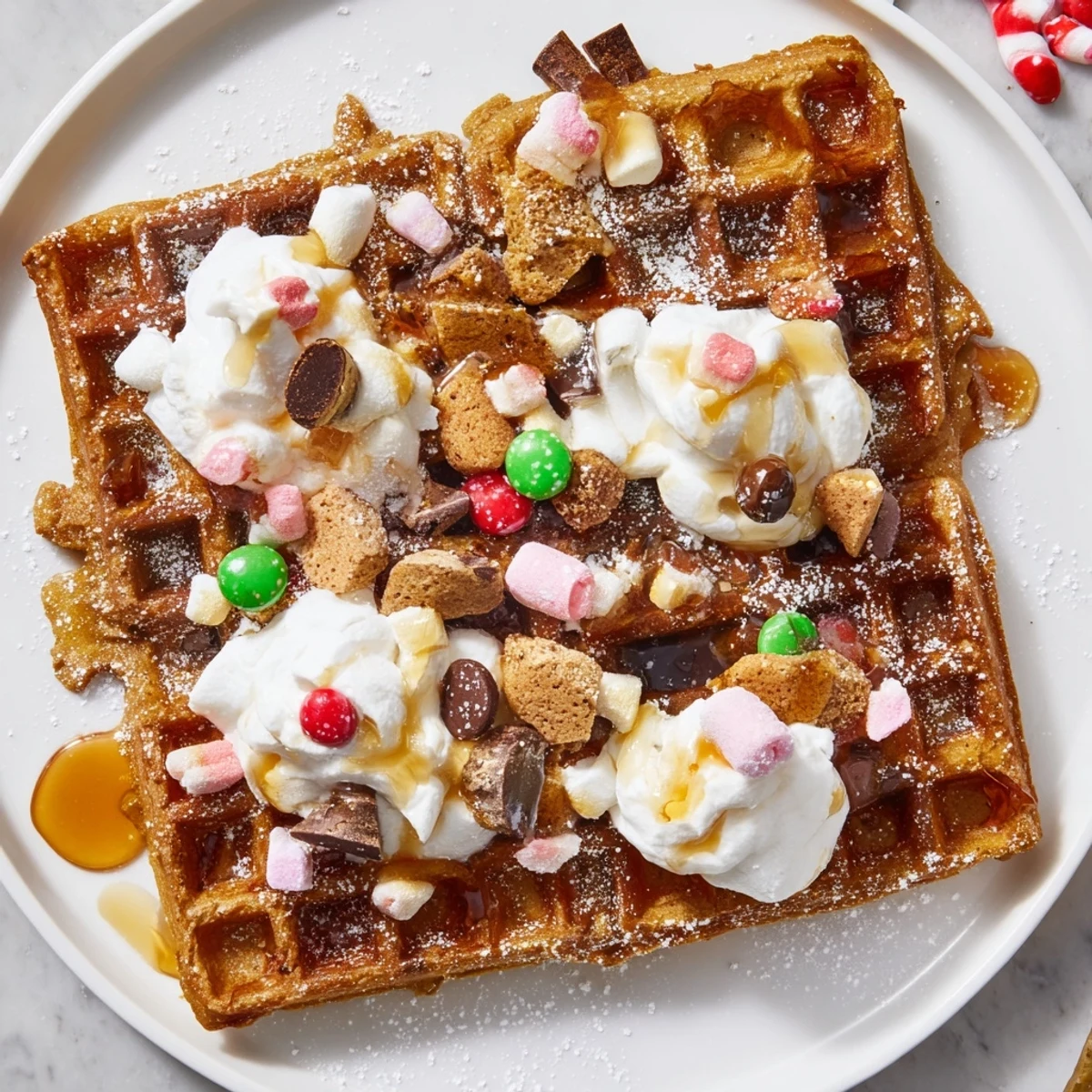 Freshly made gingerbread house waffles, piled high with colorful candies, are perfect for decorating.