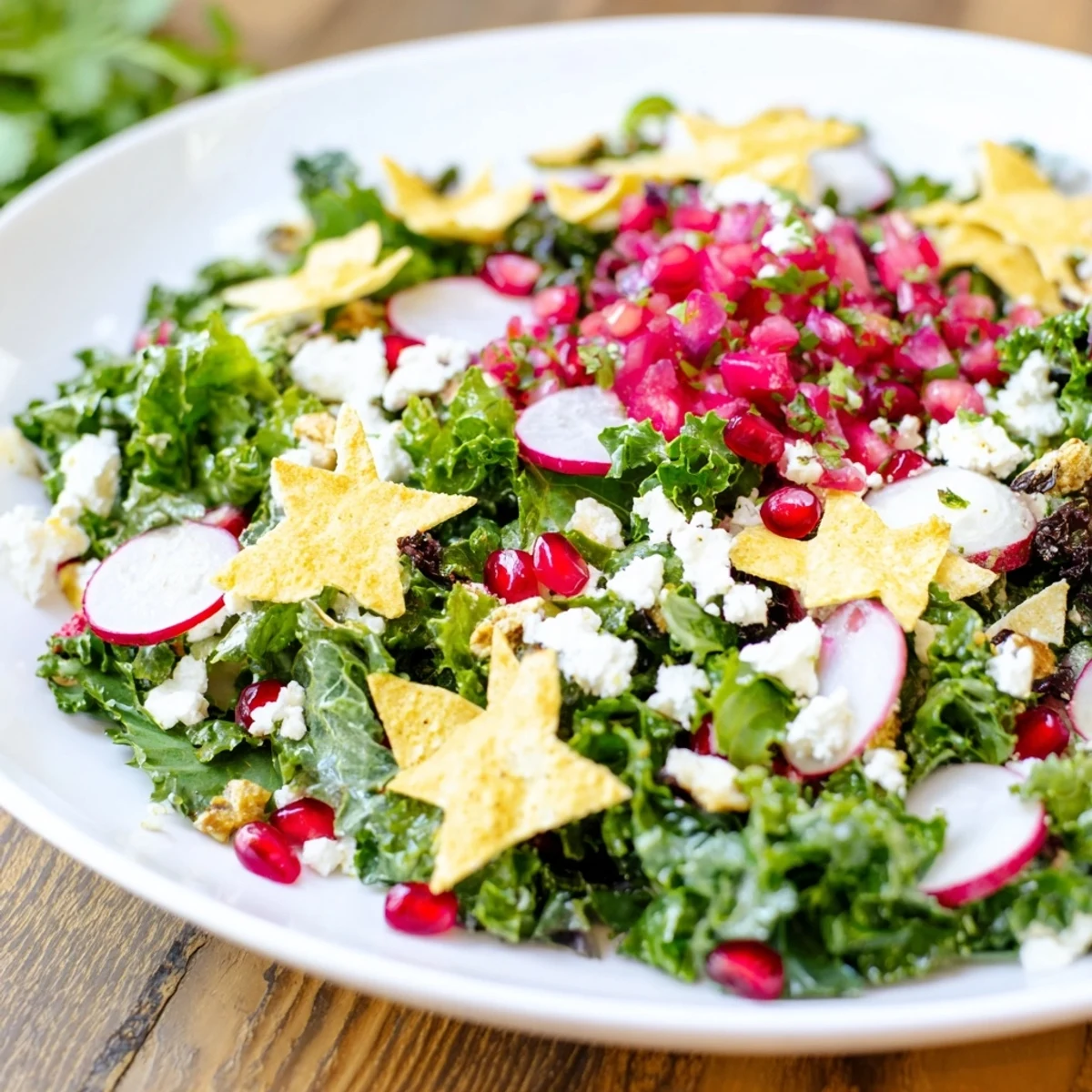 Winter Salad with Snowflake Tortilla Chips: Imagine crisp greens with festive, golden chip snowflakes.