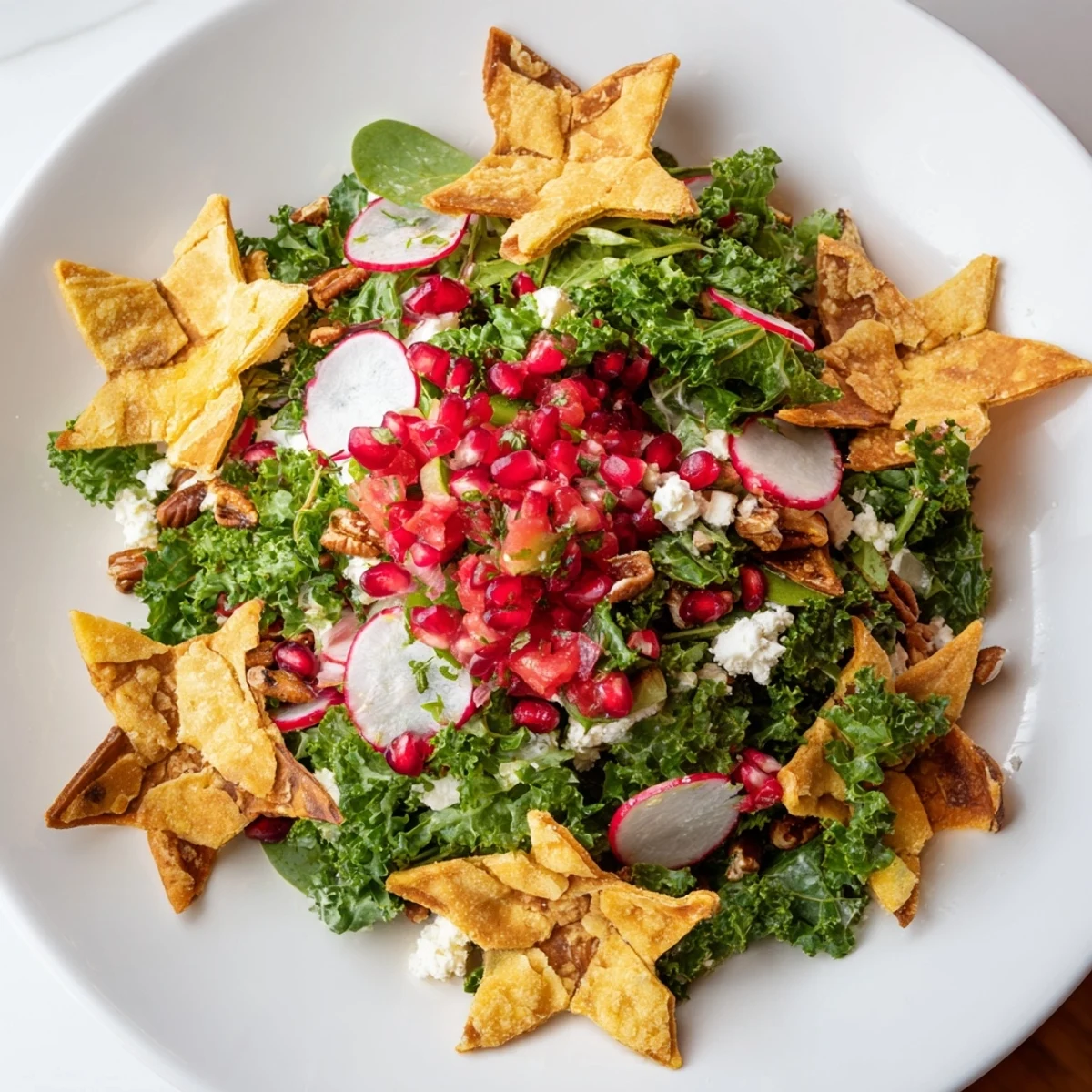A beautiful Winter Salad displays colorful vegetables, feta, and the crispy snowflake tortilla chips.