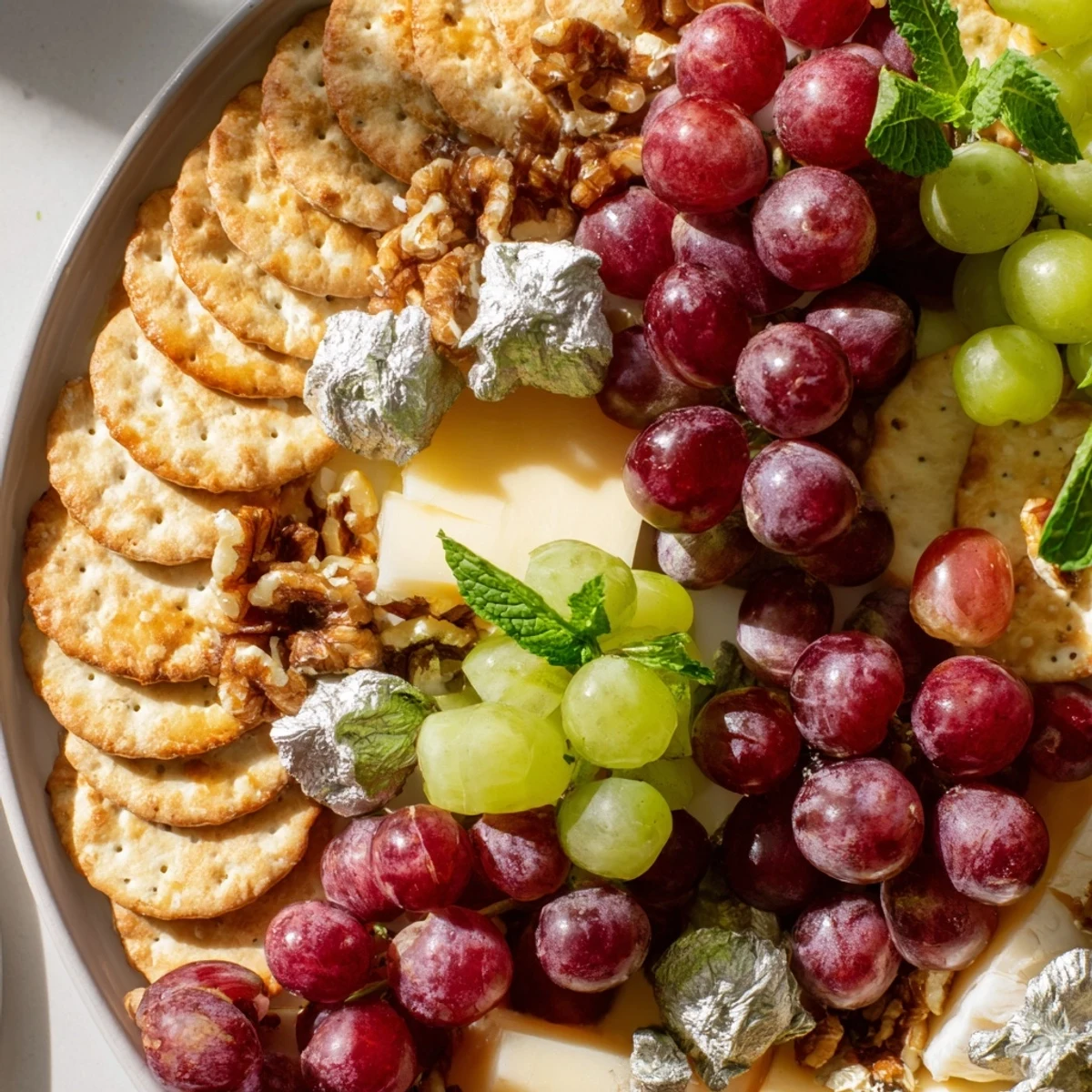 Sparkling Grape and Silver Cracker Platter featuring colorful grapes, creamy cheeses, and festive silver crackers.