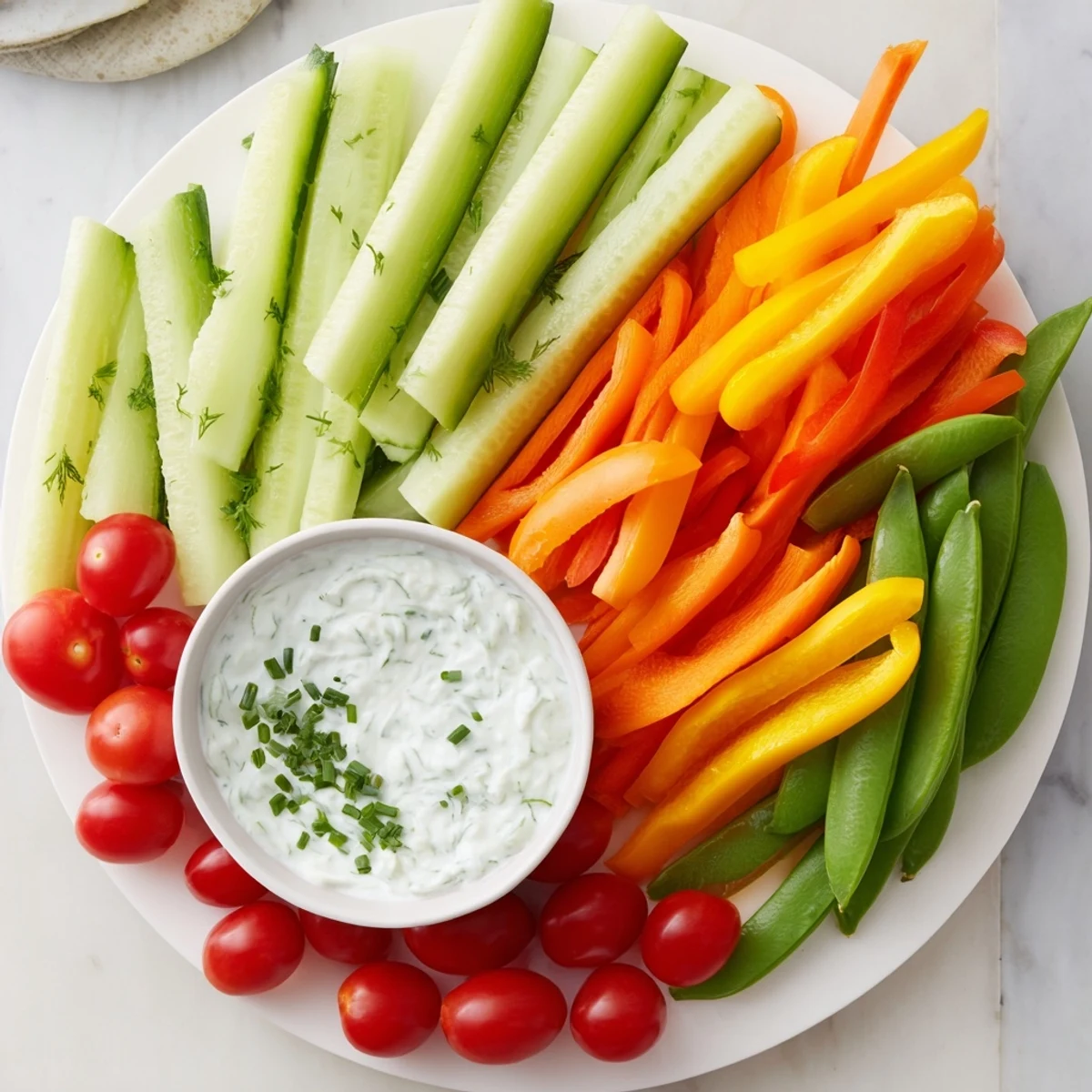 Fresh veggie platter: fan-shaped cucumbers and carrots with a cool, vibrant yogurt dip, perfect appetizer.
