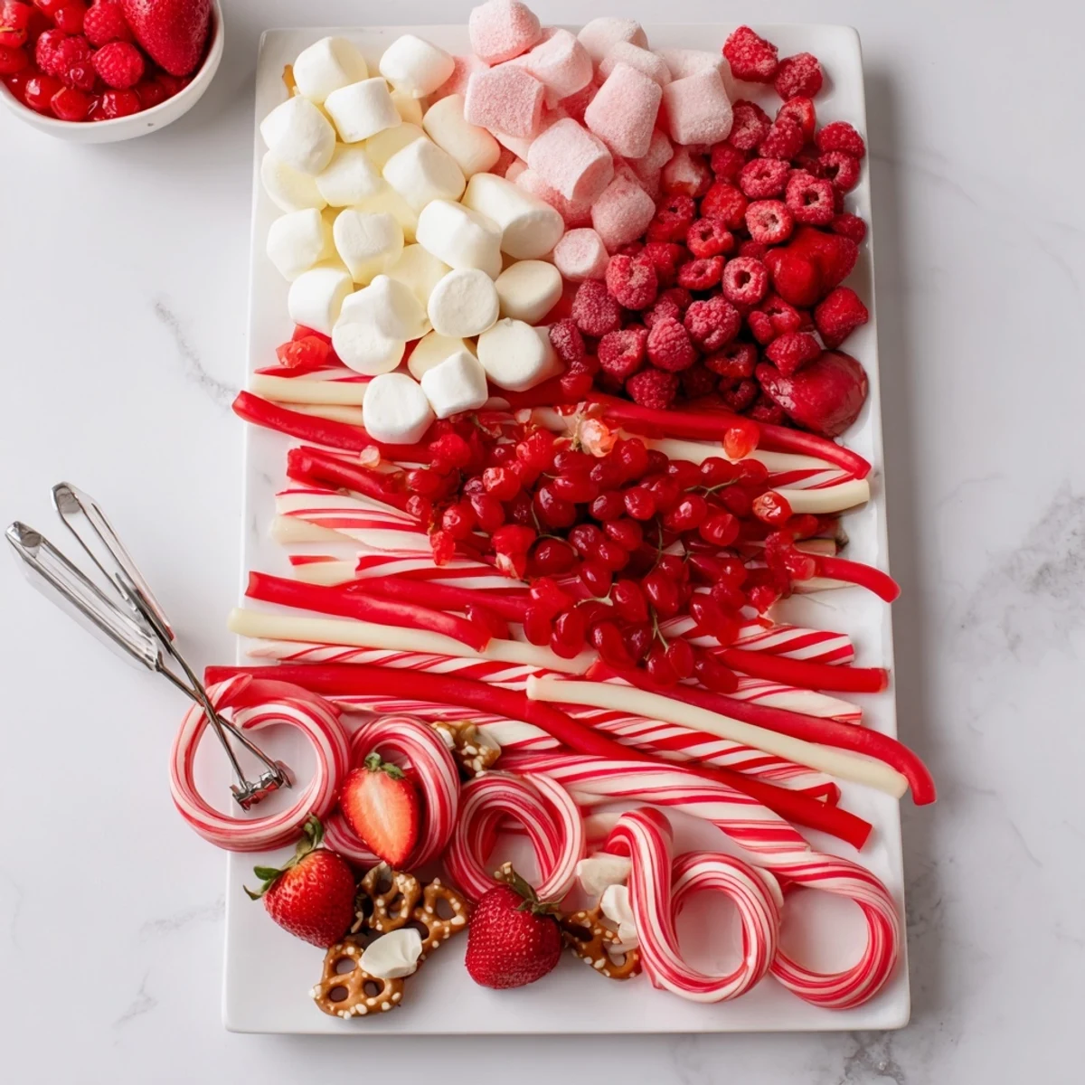 Festive Sweet Board displays red and white candies, strawberries, pretzels, perfect for holidays.