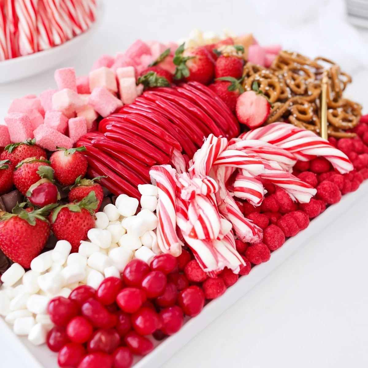 A beautifully arranged Sweet Board creation, filled with vibrant red and white treats, ready to serve.
