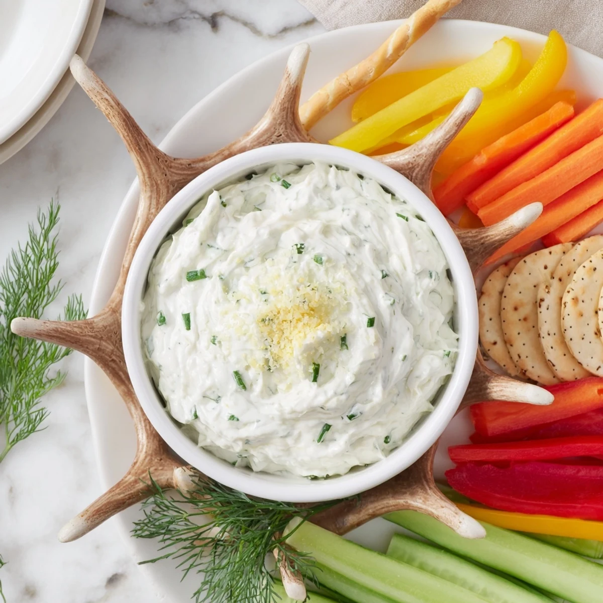 Lovely Reindeer Antler Spread appetizer with a creamy dip, colorful veggies, and crackers arranged like antlers.
