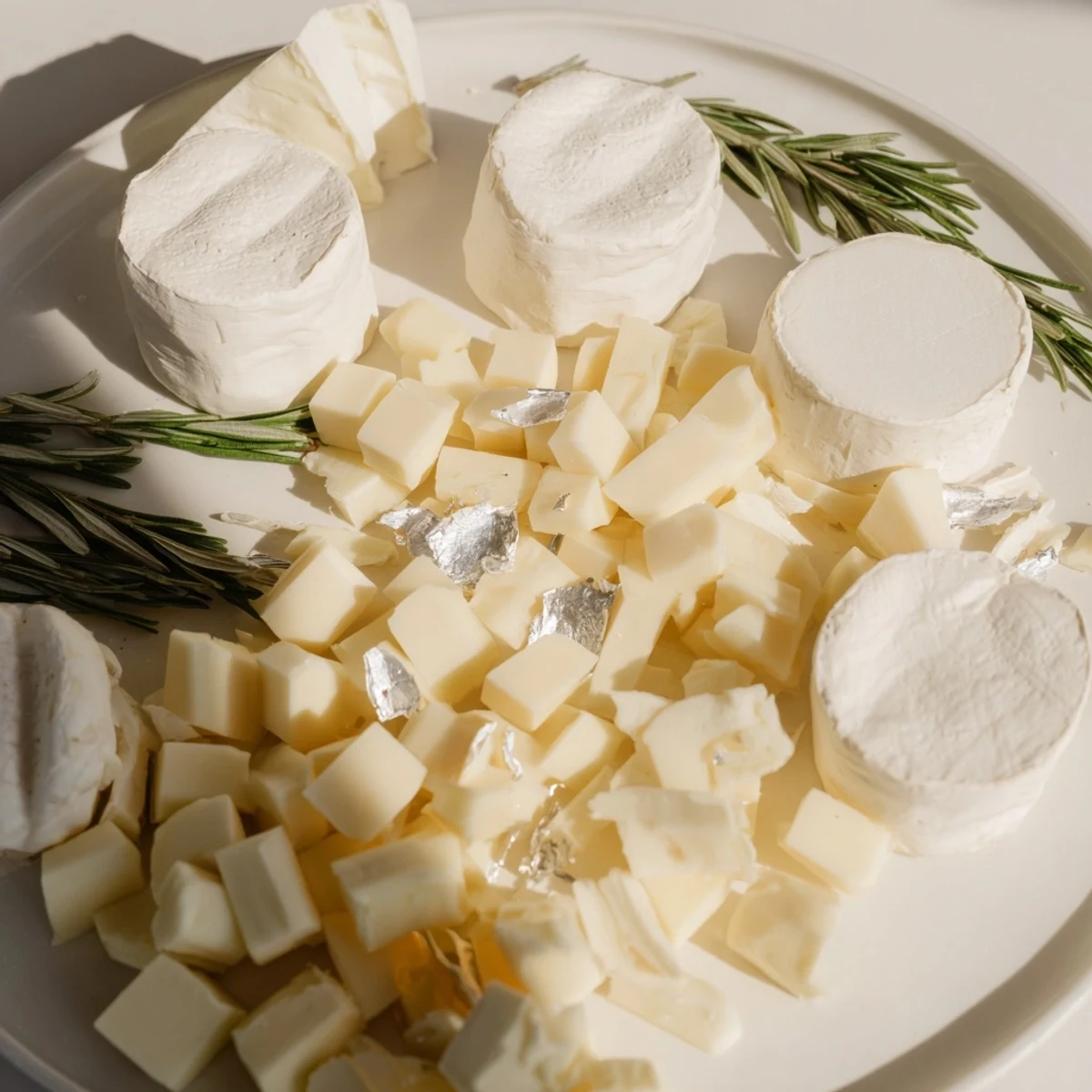 A Winter Wonderland Platter: a beautifully arranged appetizer board with frosty white cheese and nuts.