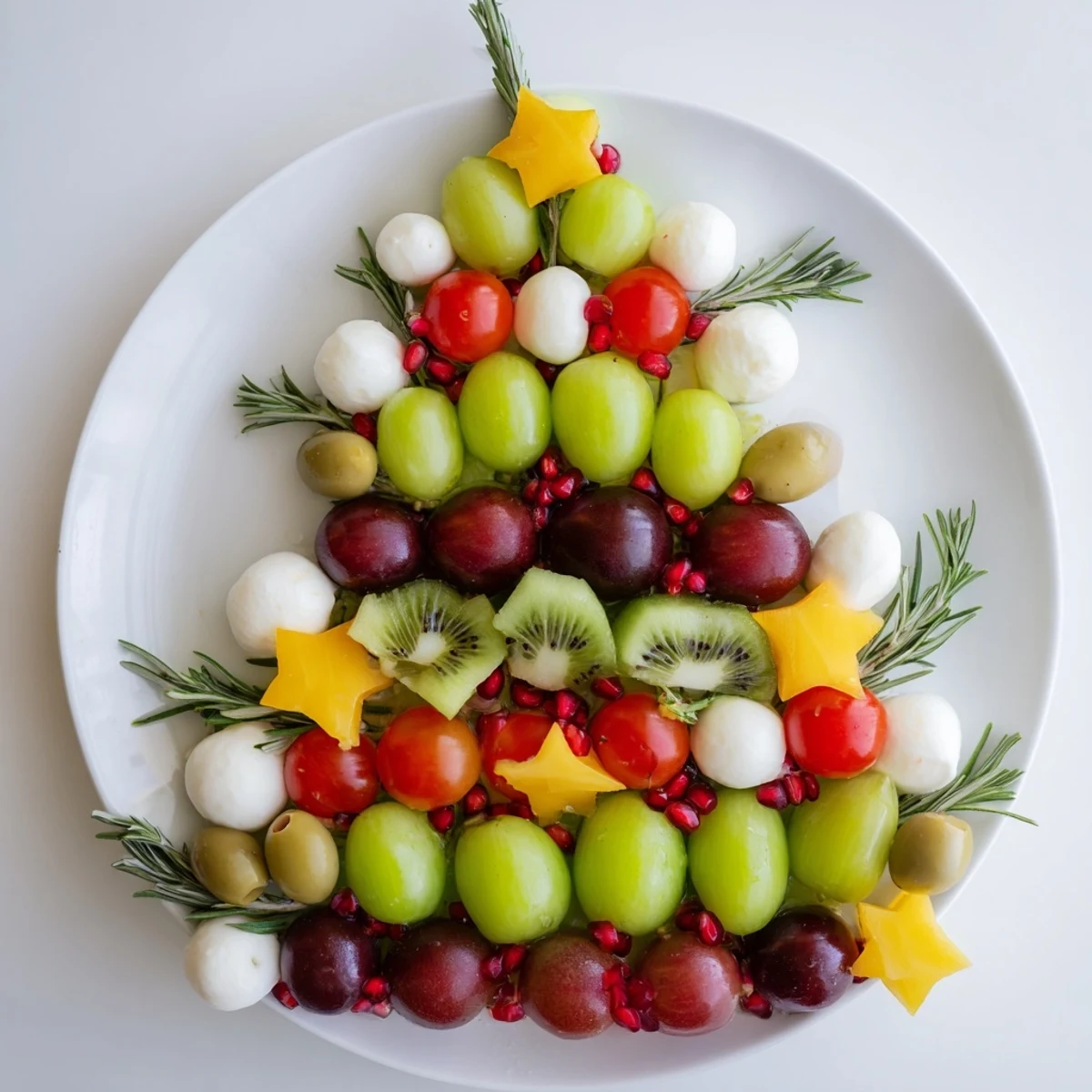 Christmas Tree Triangle Board filled with fresh fruits and olives, a vibrant holiday appetizer.