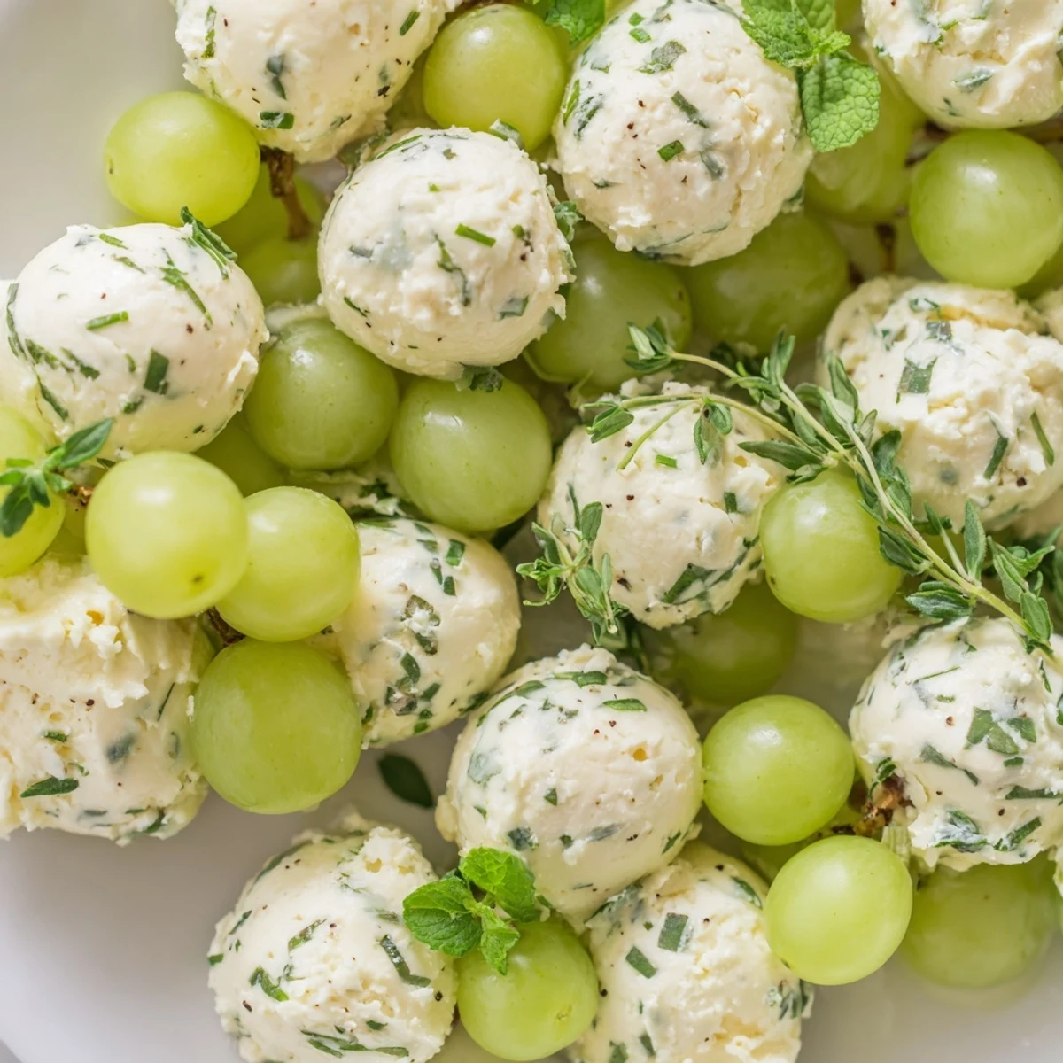 Close-up of a festive Mistletoe Kissing Ball, showcasing grapes, cheese, and savory prosciutto.