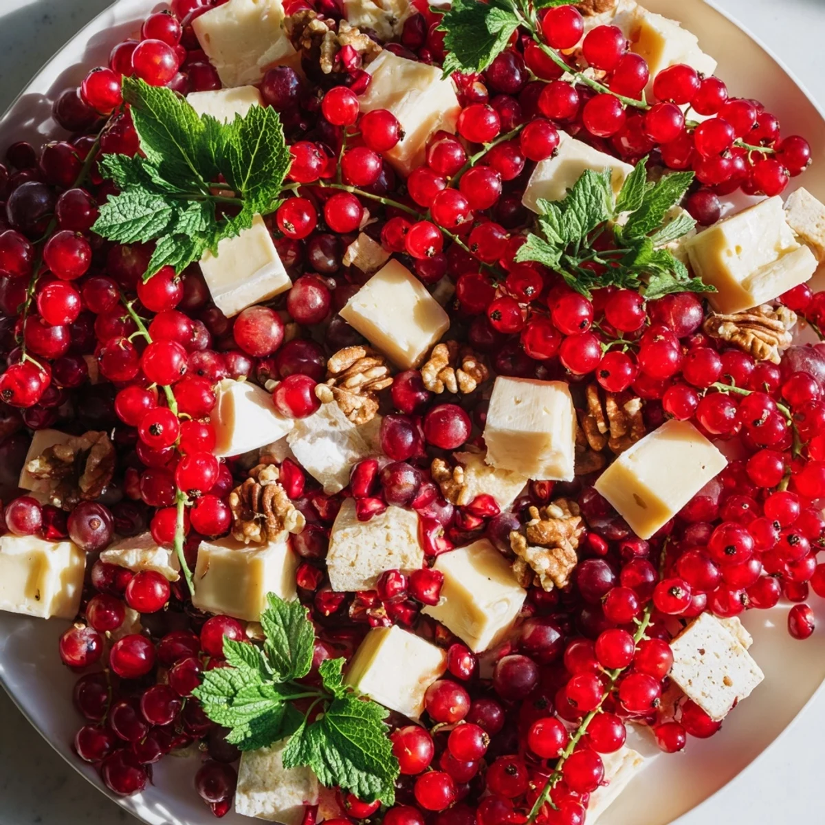 Vibrant Holly Berry Cluster appetizer platter with red berries, cheeses, herbs, and crackers, perfect for holidays.
