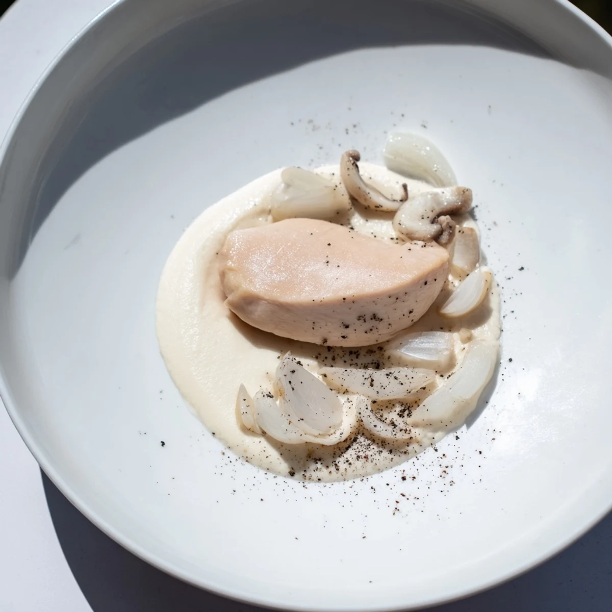 Ethereal The Ghostly Gala showcases poached chicken with creamy cauliflower purée and mushroom garnish, visually stunning.