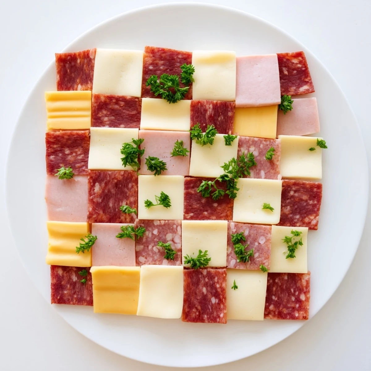 Vibrant Patchwork Quilt appetizer, showcasing colorful meats and cheeses, stitched with tangy mustard.