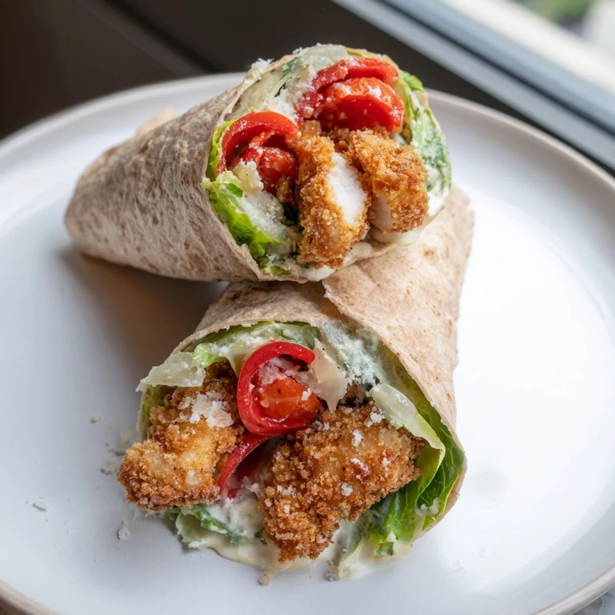 Savory Crispy Santa Hat Chicken Caesar Wraps filled with crunchy lettuce and red pepper "Santa hats" await.