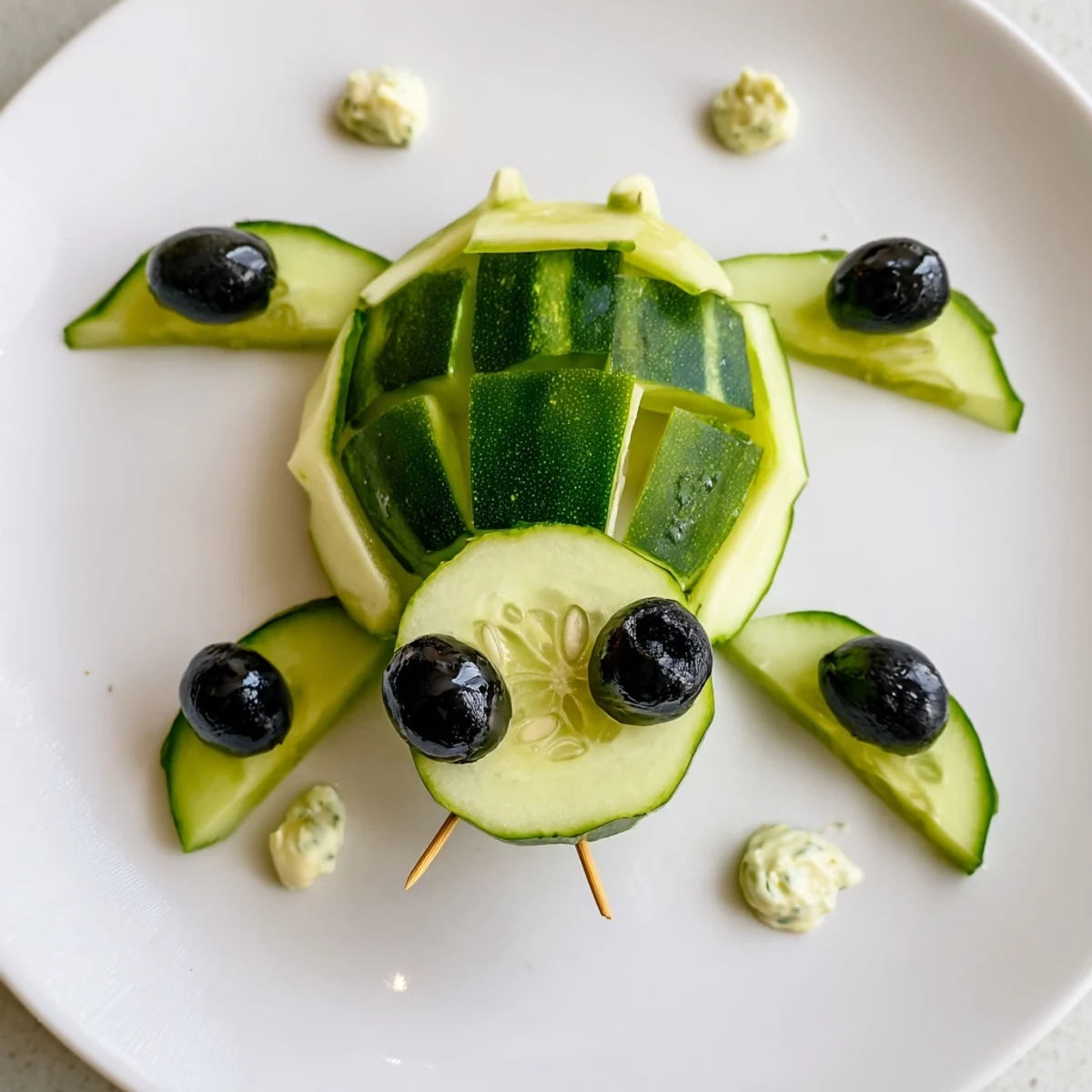 Delicious slow & savory turtle crudités with vibrant bell pepper legs, ready for dipping in a creamy herb sauce.