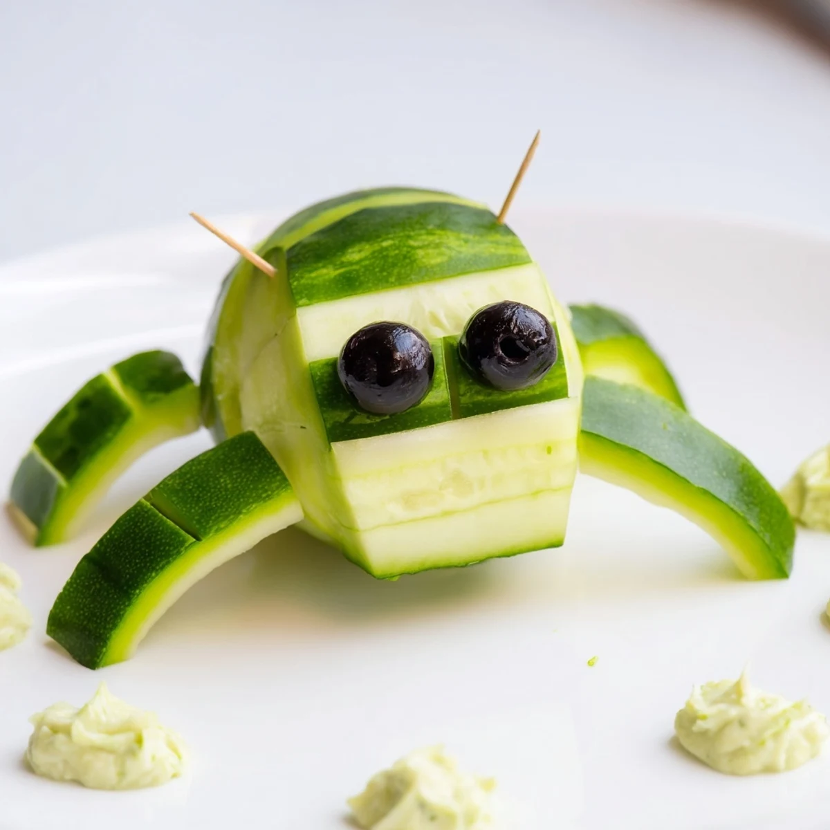 Colorful slow & savory turtle crudités platter featuring cucumbers shaped as playful turtle faces, ready to eat.