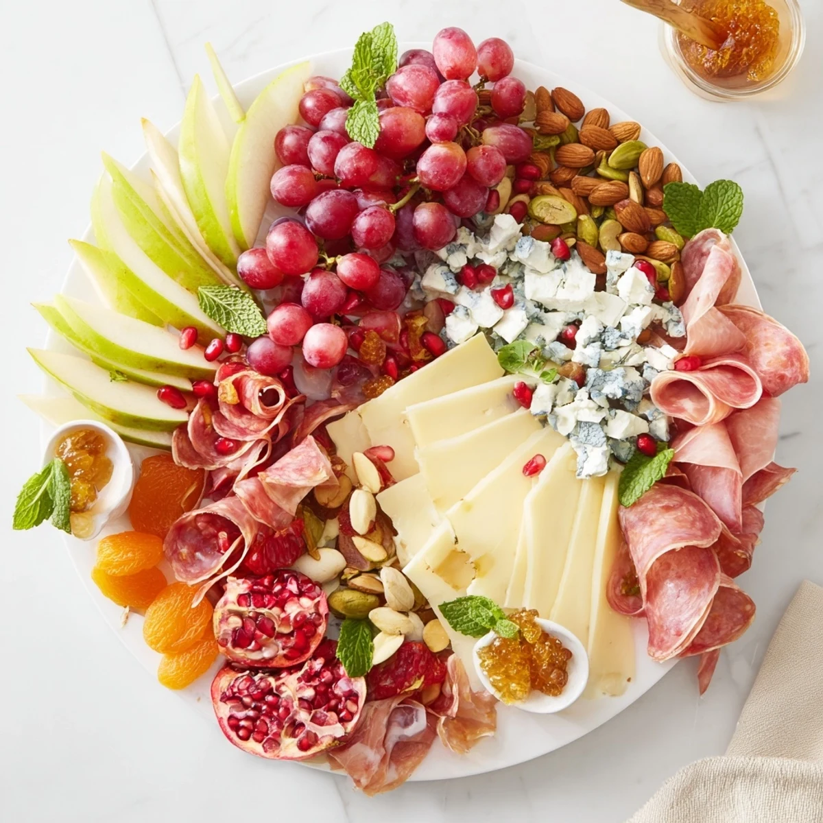 A vibrant Pomegranate Jewel Cascade cheese board, beautifully arranged with glistening pomegranate seeds and fruits.