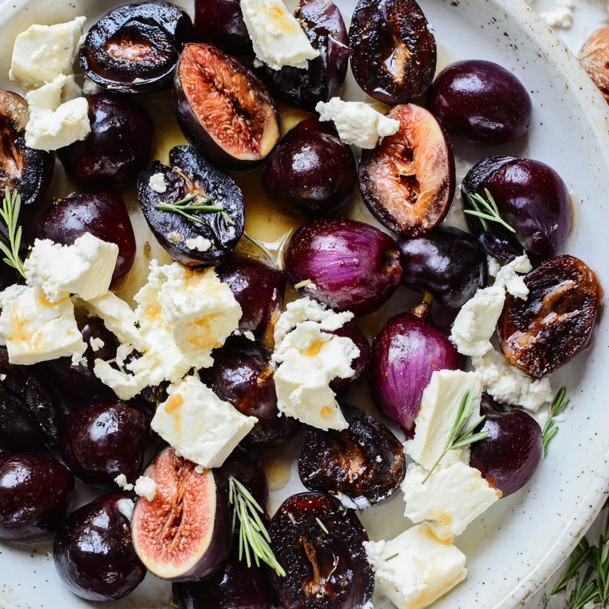 A close-up of The Midnight Orchard appetizer: juicy fruit and goat cheese ready to be enjoyed.