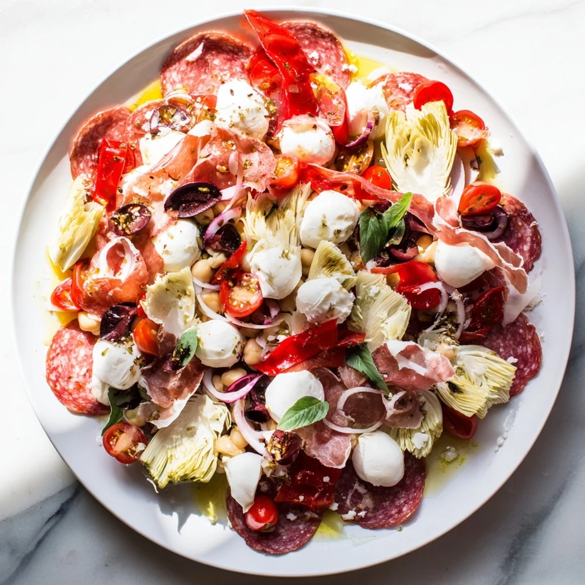 Hearty Antipasto Chickpea Salad overflowing in a bowl, a fresh and delicious gluten-free salad recipe.
