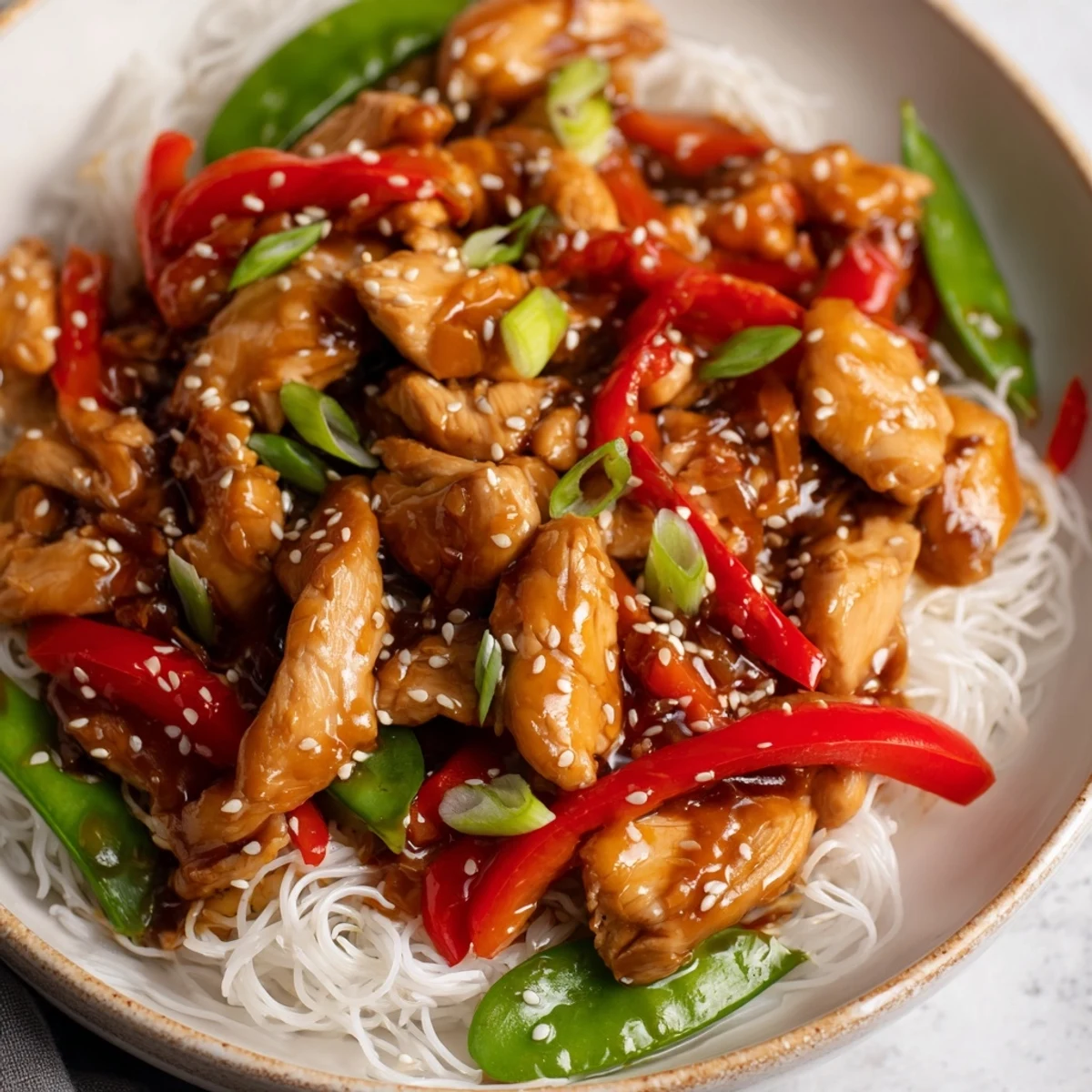 Golden-brown Mongolian Chicken with rice noodles beautifully plated, showcasing fresh spring onions and tender vegetables.