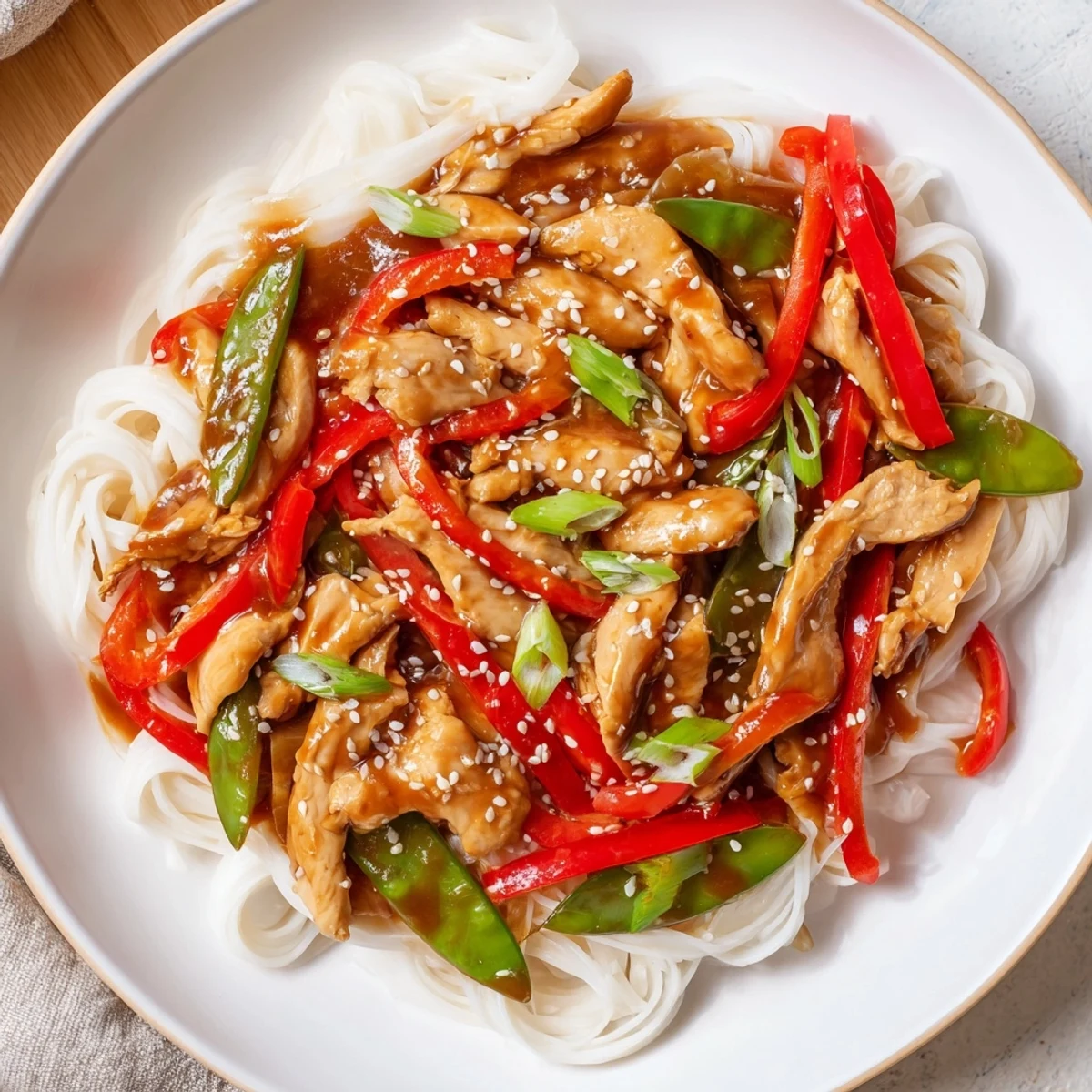 Delicious Mongolian Chicken sizzling in a wok, the glazed sauce coating the noodles for a savory bite.